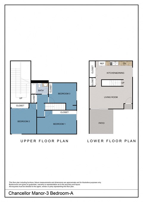 Floor plan for 3 beds, 1 bath, 1095 sqft